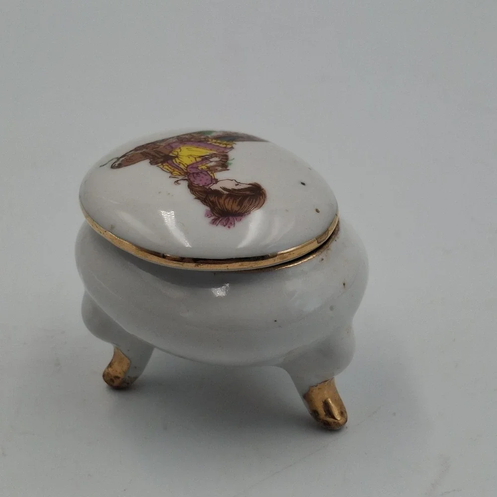 Vintage Petticoats & Pantaloons Roth Footed Trinket Box Porcelain Girl Cat Japan